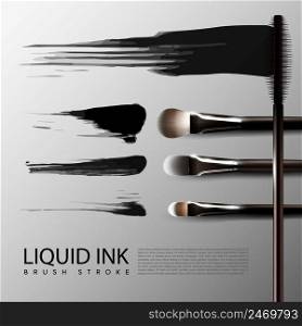 Beauty makeup realistic mascara concept with different brushes and liquid black strokes isolated vector illustration. Beauty Makeup Realistic Mascara Concept