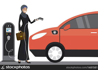 Beauty muslim woman in traditional clothes charging an electric vehicle from a charging station.isolated on white background,Flat vector illustration. Beauty woman charging an electric vehicle from a charging statio