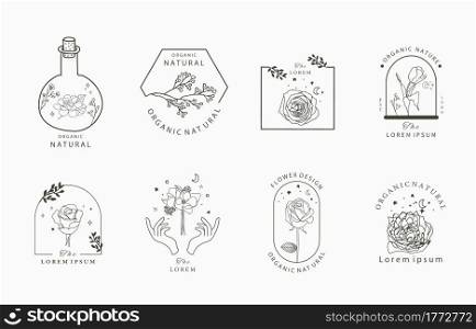 Beauty occult collection with geometric,magnolia,rose,moon,star,flower.Vector illustration for icon,sticker,printable and tattoo