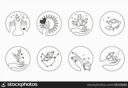 Beauty occult collection with hand,geometric,crystal,moon,flower,star.Vector illustration for icon,sticker,printable and tattoo