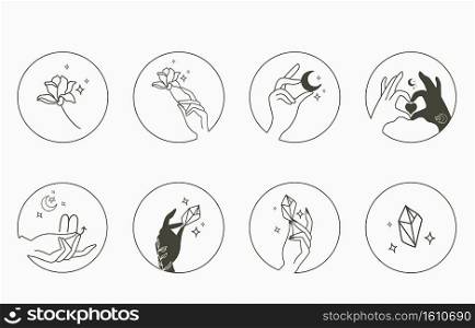 Beauty occult collection with hand,geometric,crystal,moon,flower,star.Vector illustration for icon,sticker,printable and tattoo