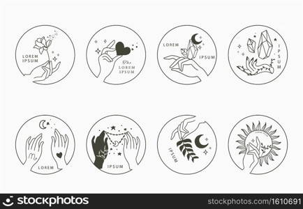 Beauty occult collection with hand,geometric,crystal,moon,flower,star.Vector illustration for icon,sticker,printable and tattoo