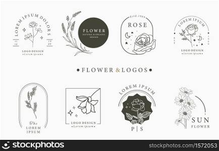 Beauty occult logo collection with geometric,rose,moon,star,flower.Vector illustration for icon,logo,sticker,printable and tattoo