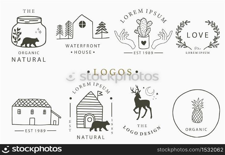 Beauty occult logo collection with hand, flower,house,cactus,deer.Vector illustration for icon,logo,sticker,printable and tattoo