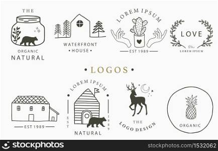 Beauty occult logo collection with hand, flower,house,cactus,deer.Vector illustration for icon,logo,sticker,printable and tattoo