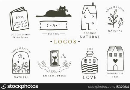 Beauty occult logo collection with hand, flower,house,cat,book.Vector illustration for icon,logo,sticker,printable and tattoo
