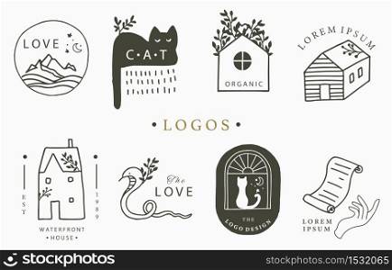 Beauty occult logo collection with hand, flower,house,cat,mountain.Vector illustration for icon,logo,sticker,printable and tattoo