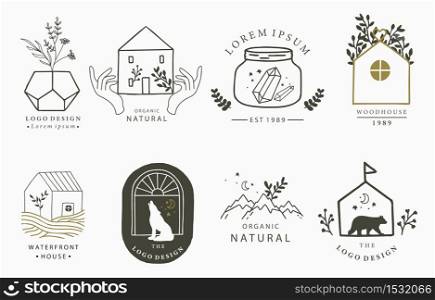 Beauty occult logo collection with hand, flower,house,fox,bear.Vector illustration for icon,logo,sticker,printable and tattoo