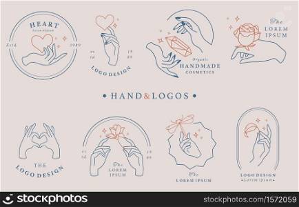 Beauty occult logo collection with hand,geometric,rose,moon,star,flower.Vector illustration for icon,logo,sticker,printable and tattoo