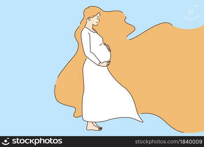 Beauty of pregnant woman concept. Young smiling pregnant woman cartoon character standing hugging belly feeling happy with hair flying vector illustration . Beauty of pregnant woman concept.