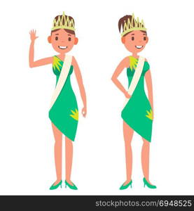 Beauty Pageant Vector. Woman On Beauty Pageant. Fashionable Woman. Miss Universe. Isolated Flat Cartoon Illustration. Beauty Pageant Vector. Woman On Beauty Pageant. Miss Universe. Isolated Flat Cartoon Illustration