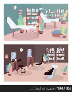Beauty parlor flat color vector illustration set. Skincare center. Beauty salon interior. Cosmetology and hair salons. 2D cartoon character with furnitures on background collection. Beauty parlor flat color vector illustration set