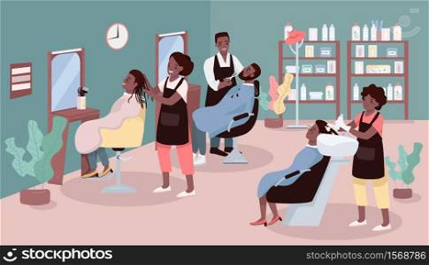 Beauty parlor flat color vector illustration. Women and men haircut service. Beauty salon with african american hairdressers 2D cartoon characters with furniture on background. Beauty parlor flat color vector illustration