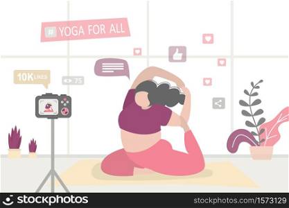 Beauty plump woman sitting in yoga pose. Body positive girl makes blog about healthy and sport lifestyle. Camera on tripod. Fat female vlogger character. Yoga video content production. Vector illustration