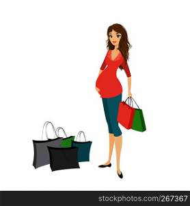 Beauty pregnancy woman with shopping bags,isolated on white background,cartoon vector illustration. Beauty pregnancy woman with shopping bags