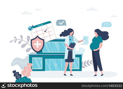 Beauty pregnant woman gets advice from a gynecologist. Doctor gives pregnancy advice. Medical consulting services. Female character, hospital or clinic on background. Flat vector illustration