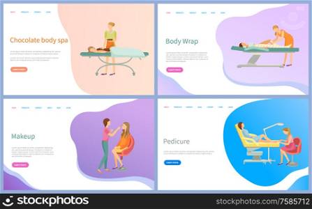 Beauty procedure web pages online appointment order vector. Chocolate body spa and wrap, makeup and pedicure, salon masters and clients, table for treatment. Beauty Procedure Web Page Online Appointment Order