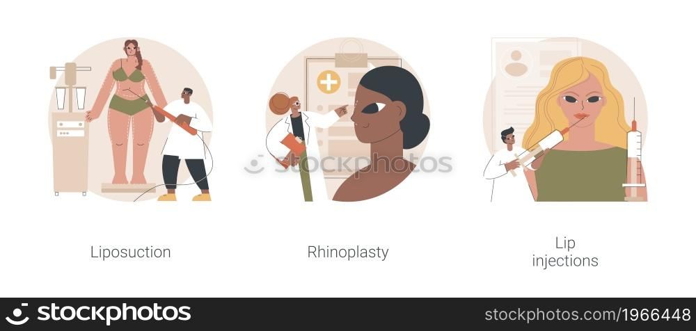 Beauty procedures abstract concept vector illustration set. Liposuction and rhinoplasty, filler lip injection, plastic surgery and body contouring, improve aesthetic appearance abstract metaphor.. Beauty procedures abstract concept vector illustrations.