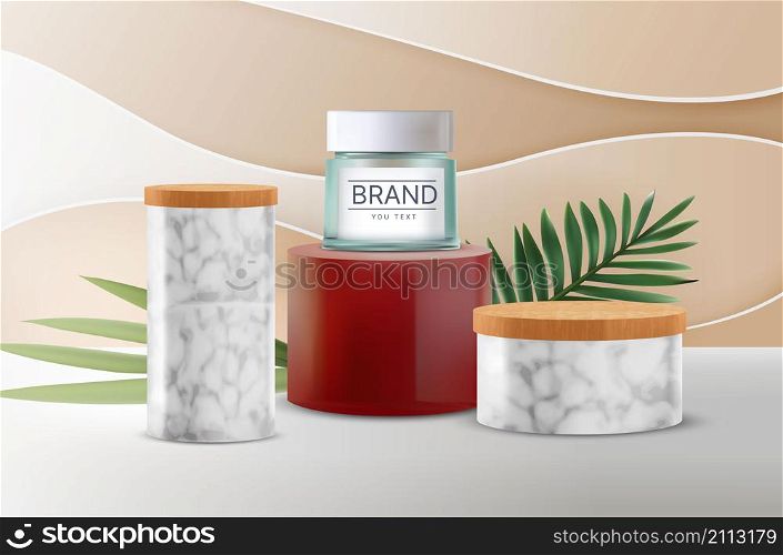 Beauty product advertising. Realistic cosmetic and skin care with leaves nature elements, pedestal and shadow overlay. Vector promotion illustration elegant designs banners cosmetics for woman. Beauty product advertising. Realistic cosmetic and skin care ad with leaves nature elements, pedestal and shadow overlay. Vector promotion illustration