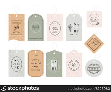 Beauty product tags. Vertical tag template with floral branches and leaves pattern for natural cosmetic products vector set. Corporate identity label decorated with herbs for body and skin care. Beauty product tags. Vertical tag template with floral branches and leaves pattern for natural cosmetic products vector set