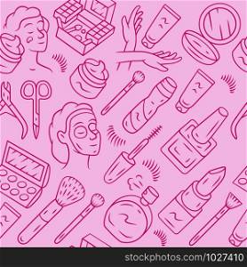 Beauty products vector seamless pattern. Makeup background. Pink texture, linear icons. Cosmetology, beauty service. Lipstick, eye shadow, cream. Skin care. Cosmetics wrapping paper, wallpaper design