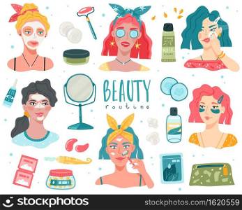 Beauty routine women. Young girls face skin caring, organic cosmetic products, girl portraits with facial masks, creams and care supplies. Home body care procedures vector trendy cartoon isolated set. Beauty routine women. Young girls face skin caring, organic cosmetic products, girl portraits with facial masks, creams and care supplies. Home body care procedures vector cartoon set