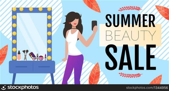 Beauty Sales Banner Offering Discount on Cosmetics. Beautiful Woman with Makeup Taking Selfie after Using Beauticraft. Vector Mirror with Products for Sell-out. Flat Advertising Illustration. Beauty Sales Banner Offering Discount on Cosmetics