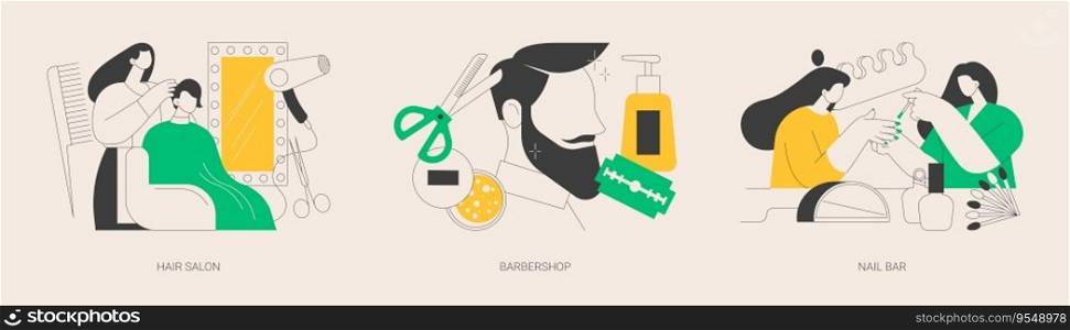Beauty salon abstract concept vector illustration set. Hair salon, barbershop, nail bar, Haircut service, beard shaving, nail polish, french manicure, hairstylist chair and scissors abstract metaphor.. Beauty salon abstract concept vector illustrations.