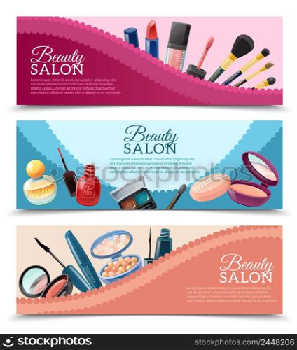 Beauty salon advertisement 3 horizontal banners set with cosmetics and make-up accessories realistic isolated vector illustration . Cosmetics Beauty Make-up Banners Set