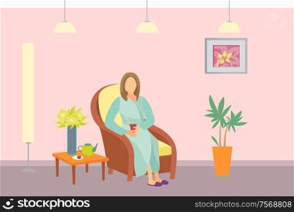 Beauty salon and resort relaxation female vector. Woman wearing gown, sitting in comfortable armchair drinking hot fresh beverage from teapot tea. Beauty Salon and Resort Relaxation Female Vector