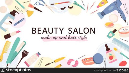 Beauty salon banner. Poster for hairdresser, makeup artist and nail salons with cosmetics and skin care products, fashion vector template. Beauty salon banner, makeup and hairdryer illustration. Beauty salon banner. Poster for hairdresser, makeup artist and nail salons with cosmetics and skin care products, fashion vector template