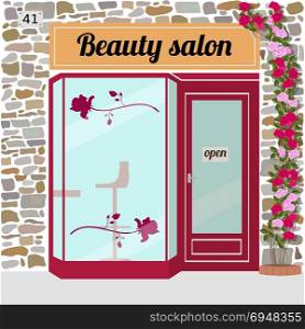 Beauty salon building facade. Beauty salon building facade. Sticker on window. Stone facade. Flower rose theme. Vector illustration EPS 10.