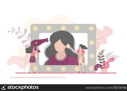 Beauty salon concept banner. Women in beauty studio making make up. Fashion and glamour girls. Stylist and hairdresser at work. Female characters in flat cartoon style. Vector illustration