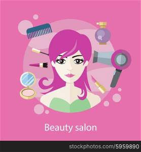 Beauty salon concept flat style design. Hair salon, beauty spa, beauty treatment, beautiful face, spa for woman, fashion female, glamour girl, face makeup illustration