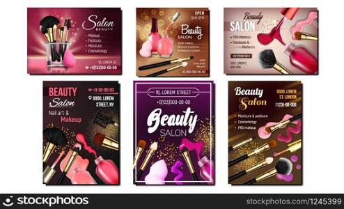Beauty Salon Creative Advertise Banner Set Vector. Collection Of Different Design Poster With Glassy Vial, Nailbrushes, Color Lacquer For Nail Care And Makeup Brushes. Accessory 3d Illustration. Beauty Salon Creative Advertise Banner Set Vector