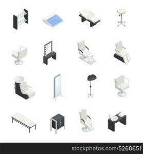 Beauty Salon Elements Set. Cosmetology beauty salon equipment sixteen isolated isometric icons set with studio furniture hydraulic chairs and mirrors vector illustration