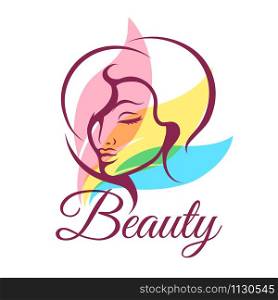 Beauty salon emblem with beautiful female face. Isolated on white background. Vector illustration
