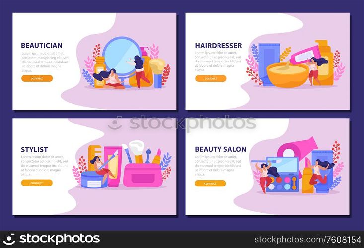 Beauty salon flat banner set or landing page with beautucan hairdresser stylist headlines vector illustration