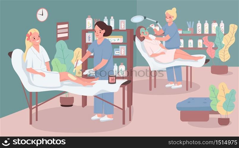 Beauty salon flat color vector illustration. Woman putting wax on client&rsquo;s leg. Female getting facial mask. Beautician 2D cartoon characters with spa center furniture on background