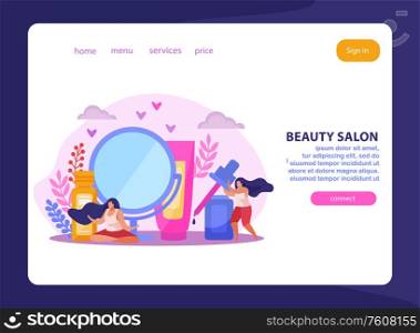Beauty salon flat composition or landing page with links and connect button vector illustration