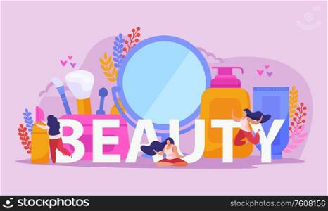 Beauty salon flat composition with big headline two girls and big abstract beauty tools vector illustration