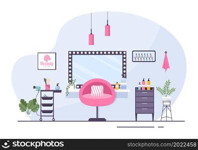 Beauty Salon Interior Flat Design Illustration There is Furniture, Table, Chairs, Bathtub, Mirror or Hairdryer for Washing, Manicure Pedicure, Cutting Hair and Make up