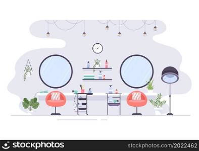 Beauty Salon Interior Flat Design Illustration There is Furniture, Table, Chairs, Bathtub, Mirror or Hairdryer for Washing, Manicure Pedicure, Cutting Hair and Make up