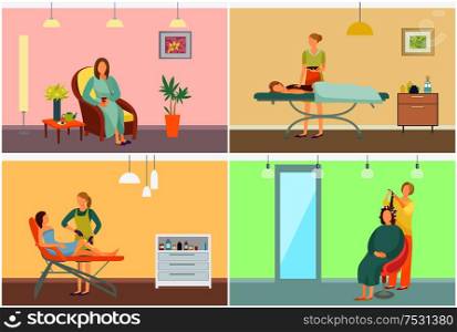 Beauty salon interior with clients and equipment posters vector set. Specialist in uniform and rubber gloves, customer sitting on armchair, depilation. Beauty Salon with Clients and Equipment Cartoon
