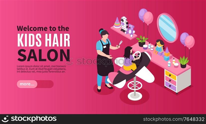 Beauty salon isometric banner with children barber cutting girl hair 3d vector illustration