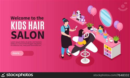 Beauty salon isometric banner with children barber cutting girl hair 3d vector illustration