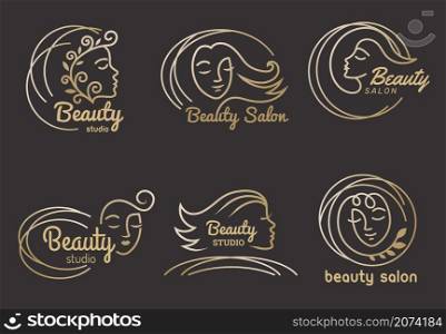 Beauty salon logo. Hairdressing symbols stylized female face modern recent vector business logo. Illustration beauty logo, hairdresser salon. Beauty salon logo. Hairdressing symbols stylized female face modern recent vector business logo