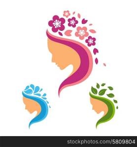 Beauty salon logo set with female profiles with flowers water and leaves elements isolated vector illustration. Beauty Logo Set