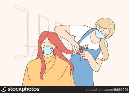 Beauty salon procedures during epidemic of COVID-19 concept. Adult woman cartoon character visiting hairdresser in medical protective mask during coronavirus pandemic vector illustration. Beauty procedures during epidemic of COVID-19 concept 