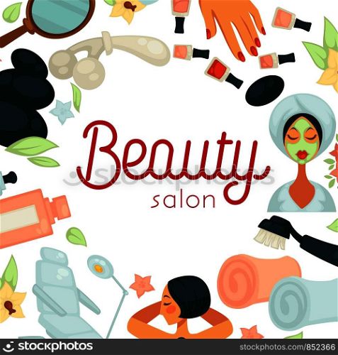 Beauty salon promotional poster with equipment for procedures. Skincare and relaxation services of high quality advertisement banner with special equipment cartoon flat vector illustrations.. Beauty salon promotiobal poster with equipment for procedures